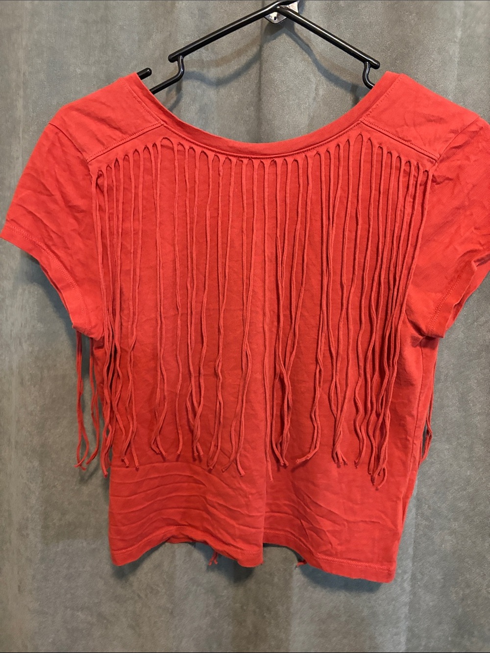 Shyanne Coral-Red Fringe Back Crop Tee